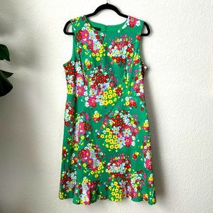 Talbots, size 14p, green floral print sleeveless sheath dress with ruffle.